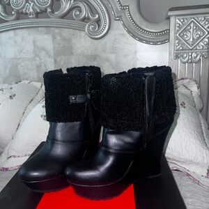 Winter Glam: Black Faux Leather Wedge Boots